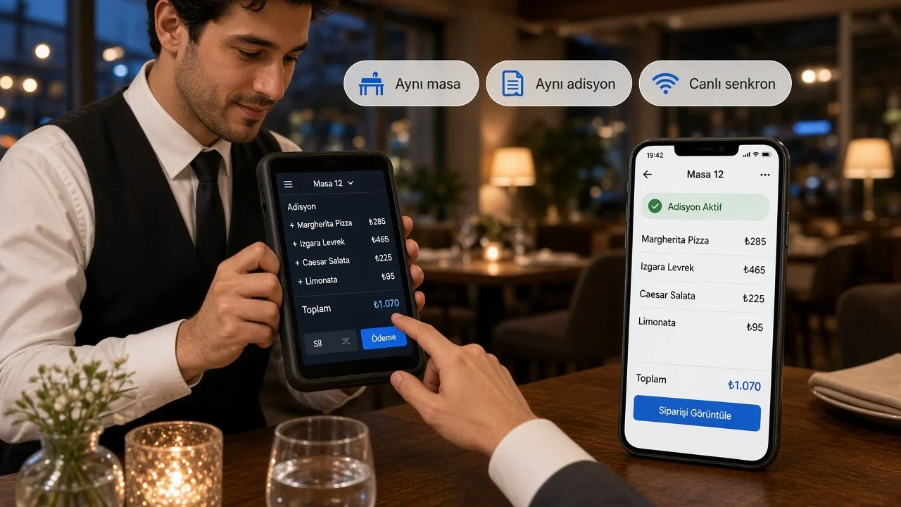 Garsonun el terminalindeki adisyon ile müşterinin telefonundaki adisyon aynı: aynı masa, aynı adisyon, canlı senkron
