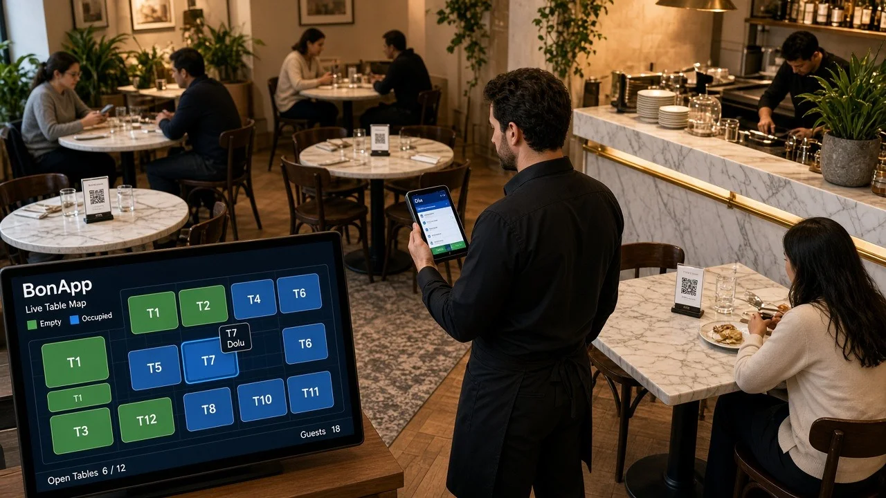 Restoran salonunda canlı masa planı ekranı ve el terminali kullanan garson