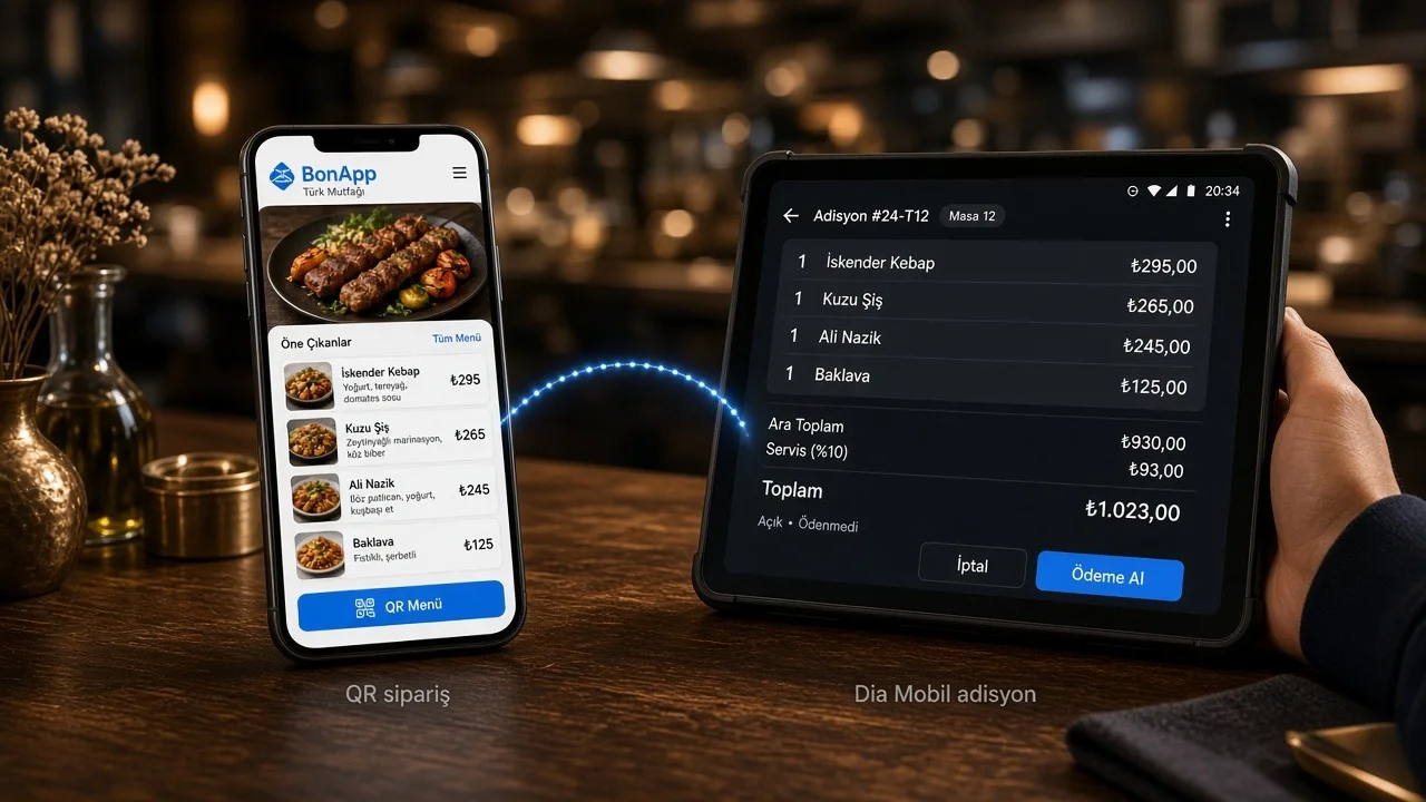 Telefonda QR menüden verilen sipariş, tabletteki Dia Mobil adisyonunda görünüyor