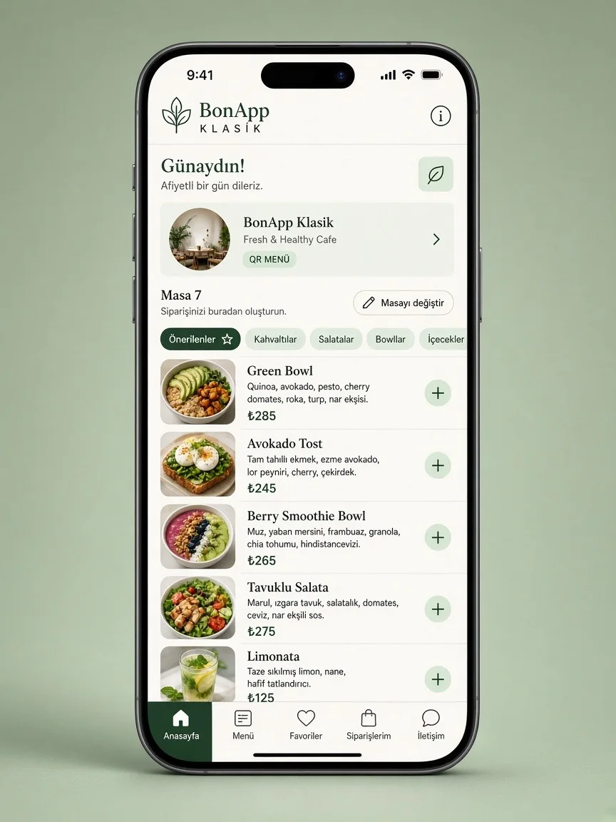 BonApp Klasik temasında QR menü: yeşil tonlarda açıklamalı ürün listesi