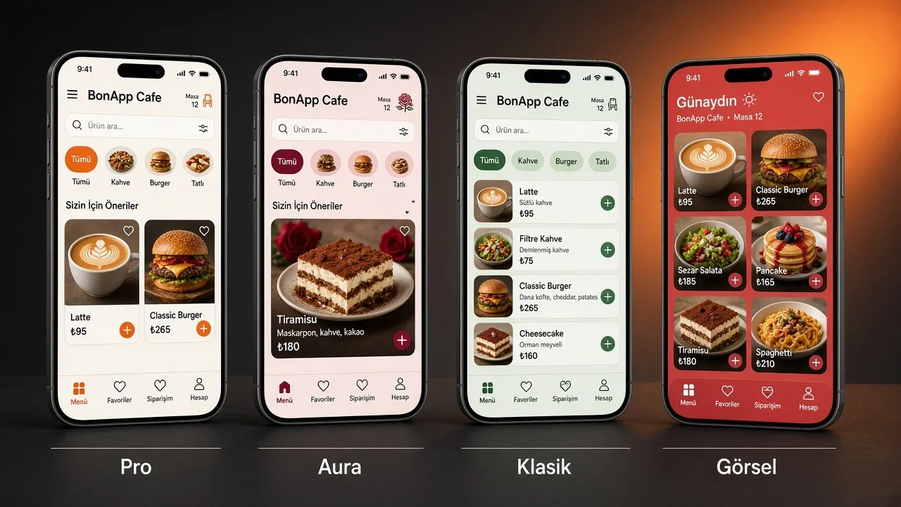 BonApp QR menünün dört teması yan yana: Pro, Aura, Klasik ve Görsel